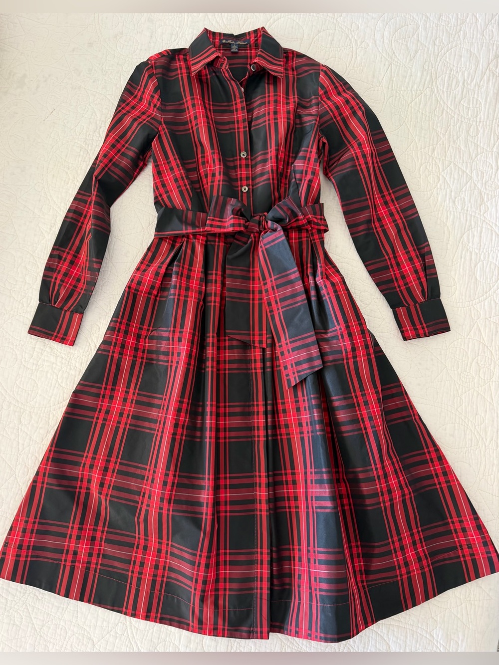 Like New BROOKS BROS Tartan Taffeta Belted Shirt Dress, Red Black w Pockets Sz 2